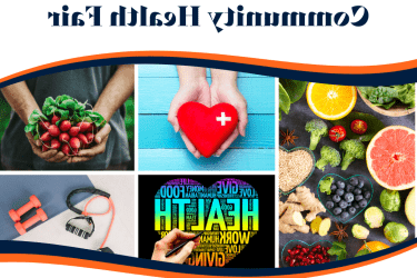 Text on image says: Community health Fair, and it has a collage of healthy foods and exercise equipment. 